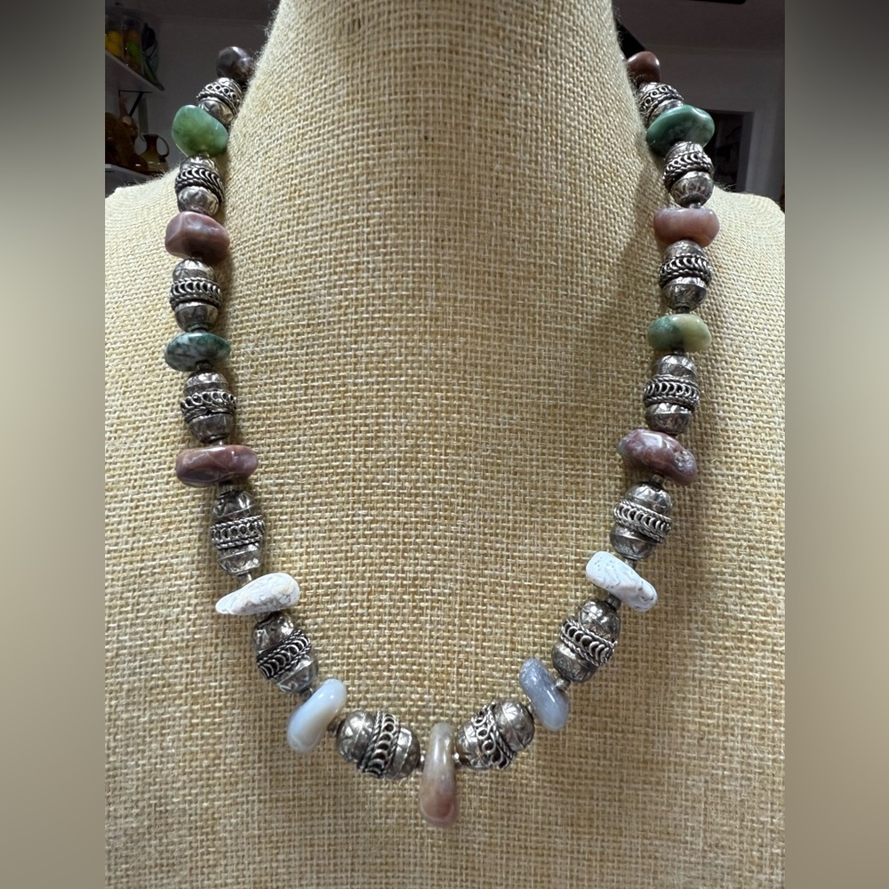 Vintage Multi gemstone Necklace with Silver findings.
